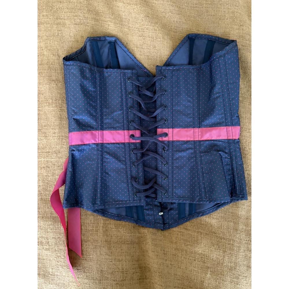 Agent Provocateur Navy Blue & Hot Pink Polka Drop Corset Top Lace Up Medium C/D - Picture 4 of 6